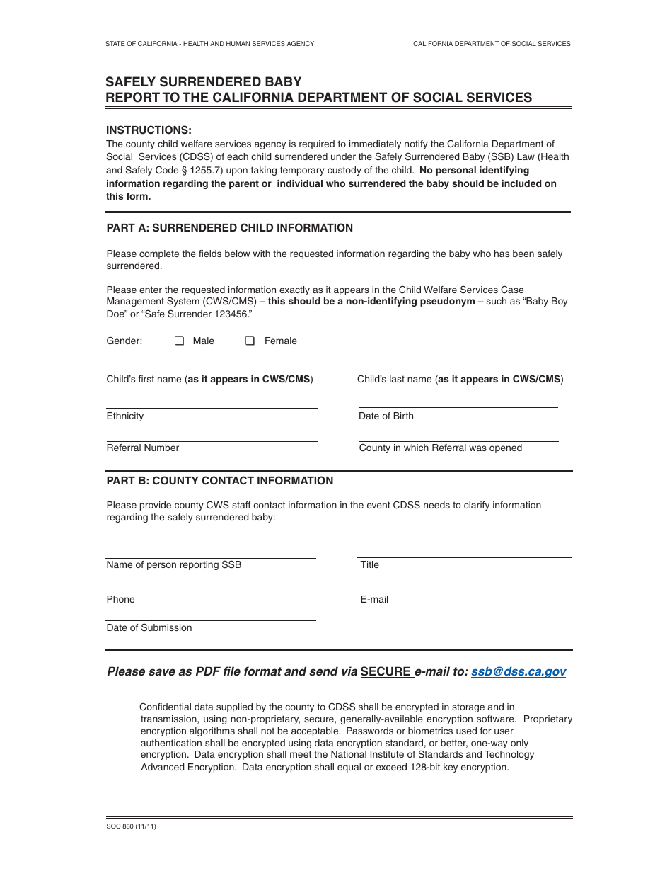 Form SOC880 Safely Surrendered Baby - Report to the California Department of Social Services - California, Page 1