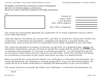 Form SOC876 &quot;In-home Supportive Services (Ihss) Program Notice of Provisional Approval Health Care Certification Exception Granted&quot; - California