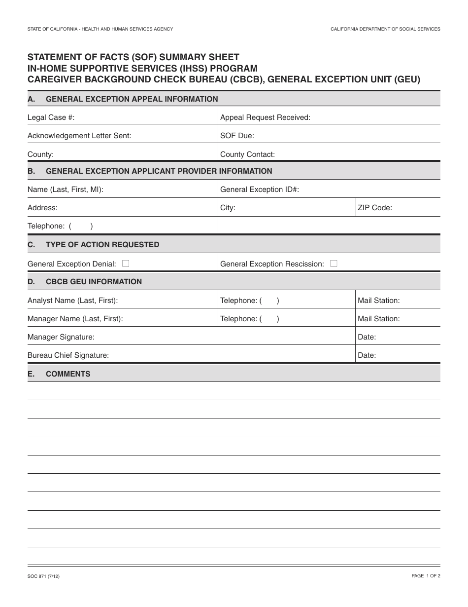 Form SOC871 Statement of Facts (Sof) Summary Sheet Ihss Program Caregiver Background Check Bureau (Cbcb), General Exception Unit (Geu) - California, Page 1