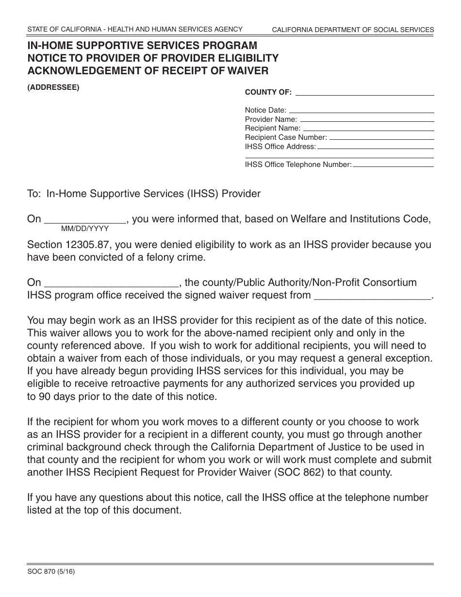 Form SOC870 In-home Supportive Services Program Notice to Provider of Provider Eligibility Acknowledgement of Receipt of Waiver - California, Page 1