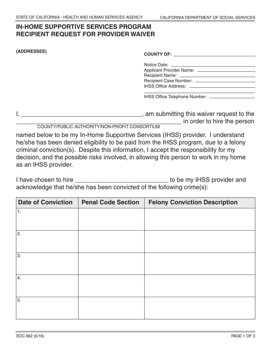 Form SOC862 In-home Supportive Services Program Recipient Request for Provider Waiver - California, Page 1