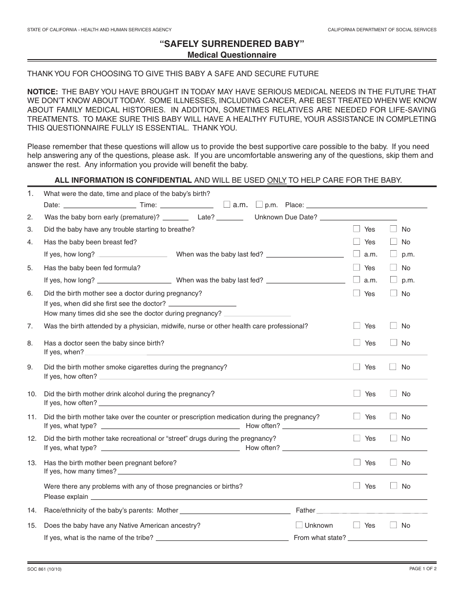 Form SOC861 safely Surrendered Baby Medical Questionnaire - California, Page 1