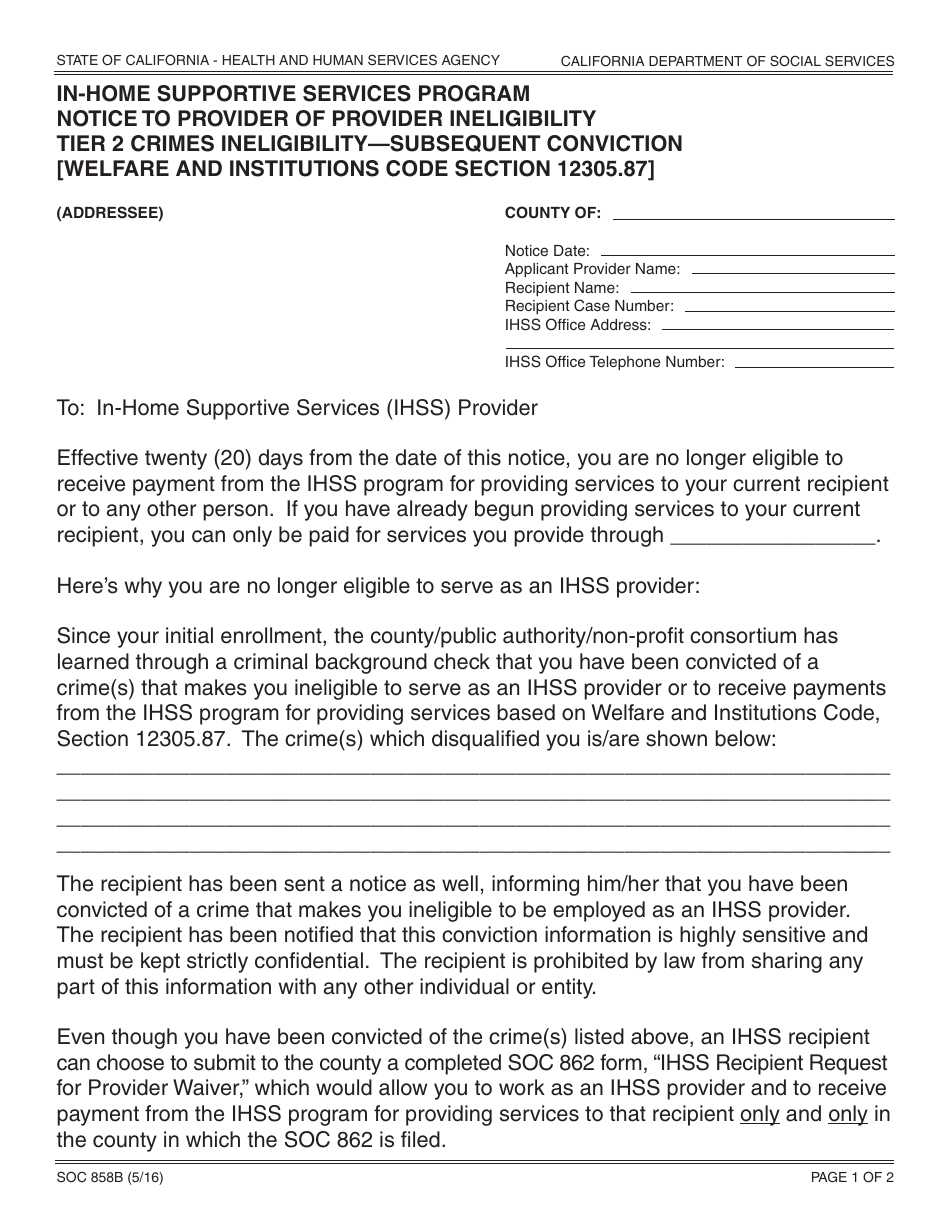 Form SOC858B In-home Supportive Services Program Notice to Provider of Provider Ineligibility Tier 2 Crimes Ineligibility - Subsequent Conviction - California, Page 1