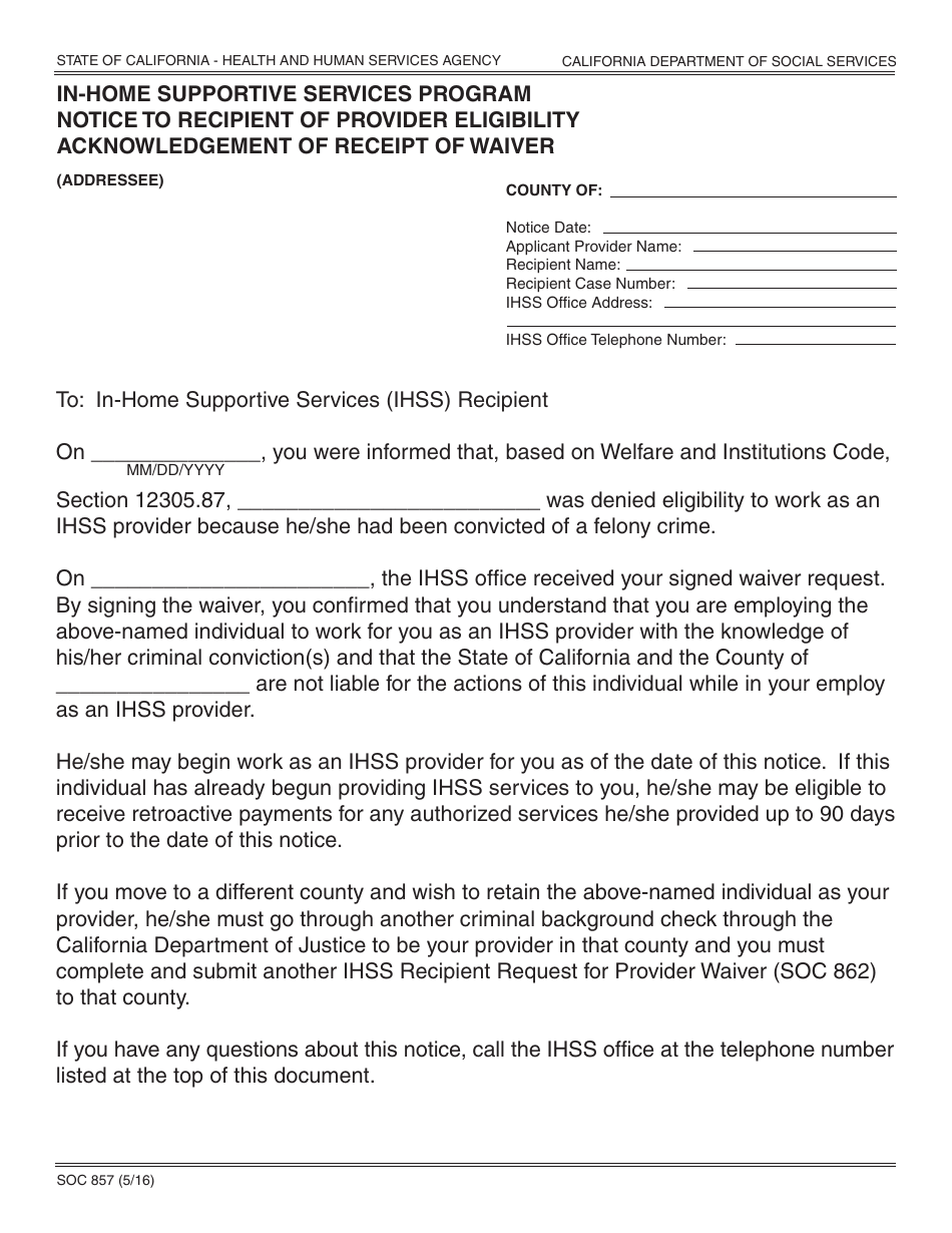 Form SOC857 In-home Supportive Services Program Notice to Recipient of Provider Eligibility Acknowledgement of Receipt of Waiver - California, Page 1