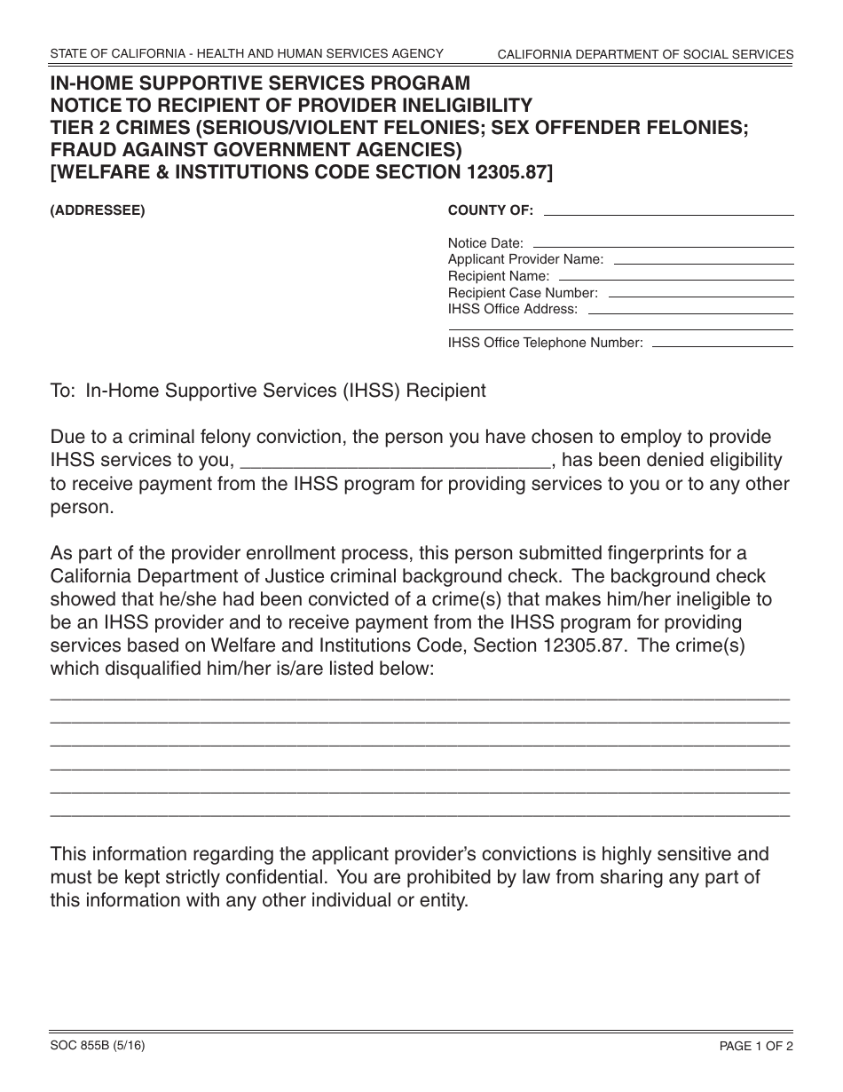 Form SOC855B In-home Supportive Services Program Notice to Recipient of Provider Ineligibility Tier 2 Crimes (Serious / Violent Felonies; Sex Offender Felonies; Fraud Against Government Agencies) - California, Page 1