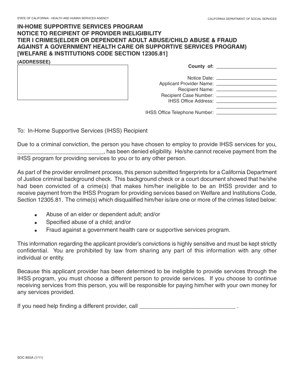 Form SOC855A In-home Supportive Services Program Notice to Recipient of Provider Ineligibility Tier I Crimes (Elder or Dependent Adult Abuse/Child Abuse  Fraud Against a Government Health Care or Supportive Services Program) - California, Page 1
