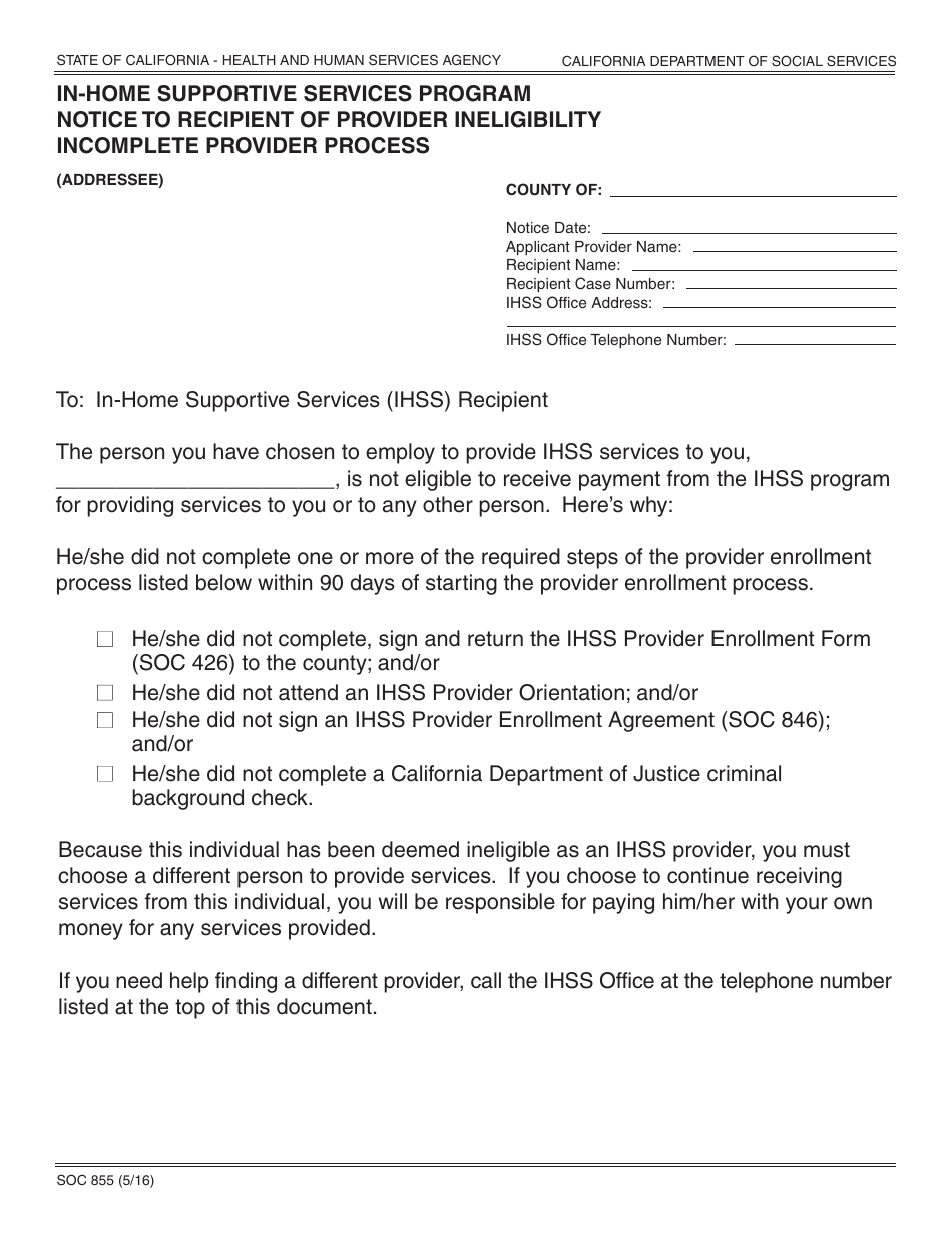 Form SOC855 In-home Supportive Services Program Notice to Recipient of Provider Ineligibility Incomplete Provider Process - California, Page 1