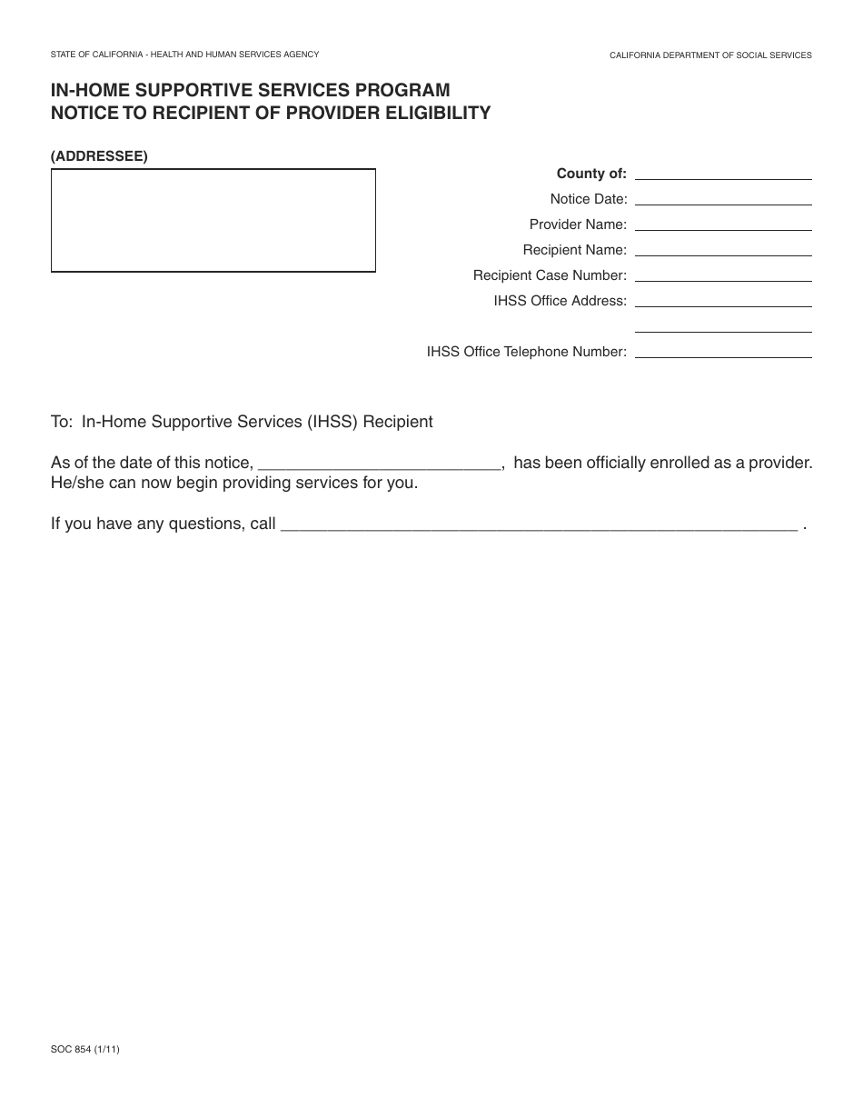 Form SOC854 In-home Supportive Services Program Notice to Recipient of Provider Eligibility - California, Page 1