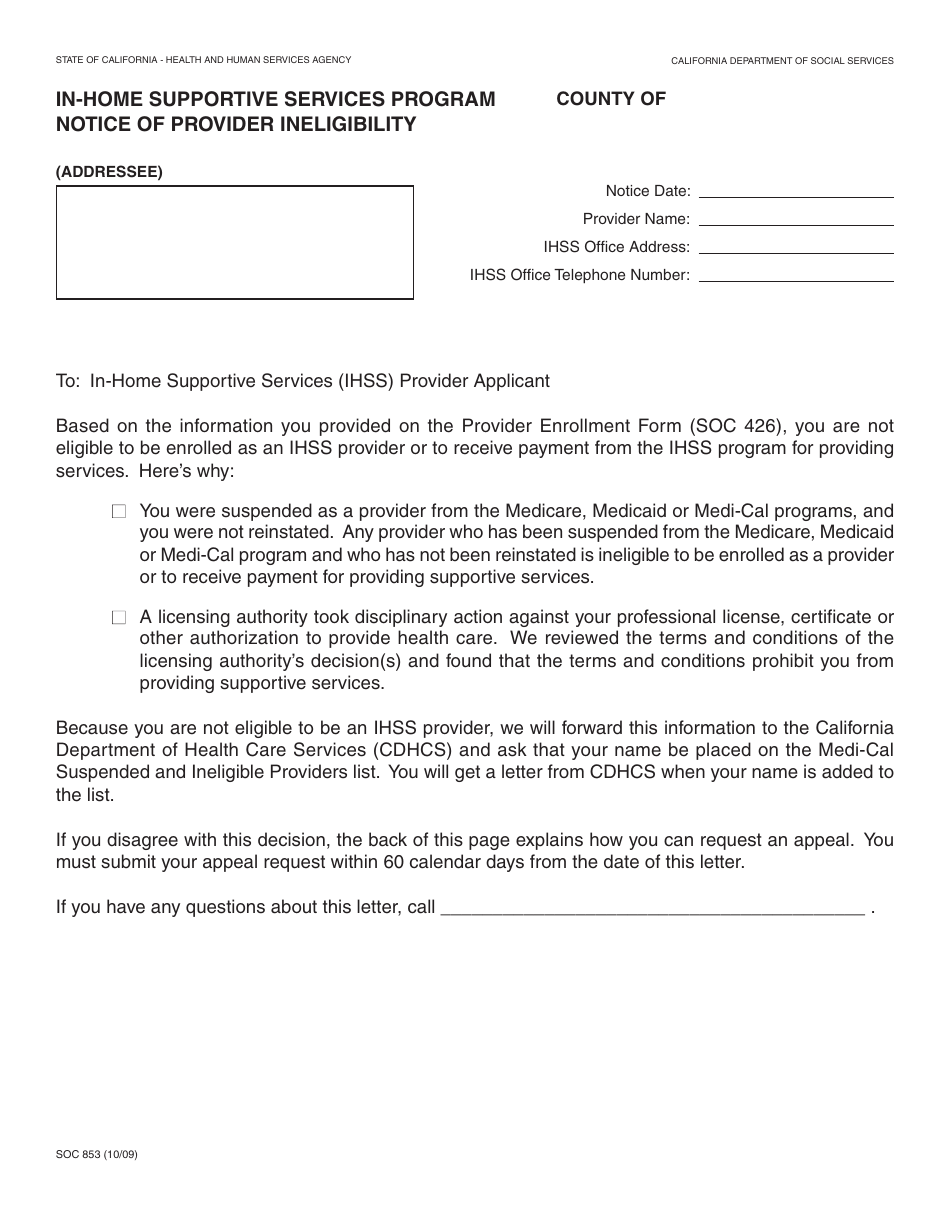 Form SOC853 In-home Supportive Services Program Notice of Provider Ineligibility - California, Page 1