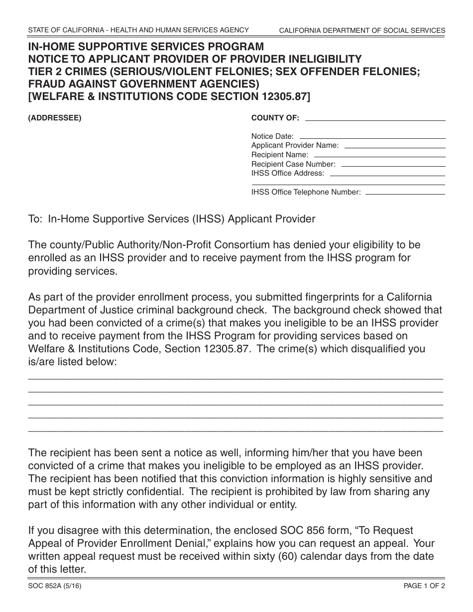 Form SOC852A In-home Supportive Services Program Notice to Provider Applicant of Provider Ineligibility Tier 2 Crimes (Serious / Violent Felonies; Sex Offender Felonies; Fraud Against Government Agencies) - California, Page 1