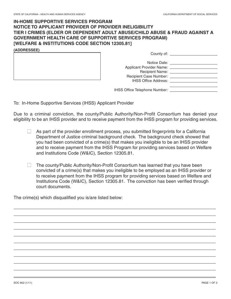 Form SOC852 In-home Supportive Services Program Notice to Applicant Provider of Provider Ineligibility Tier I Crimes (Elder or Dependent Adult Abuse/Child Abuse  Fraud Against a Government Health Care of Supportive Services Program) - California, Page 1