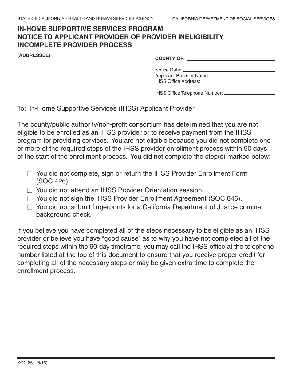 Form SOC851 Notice to Applicant Provider of Provider Ineligibility - Incomplete Provider Process - California, Page 1