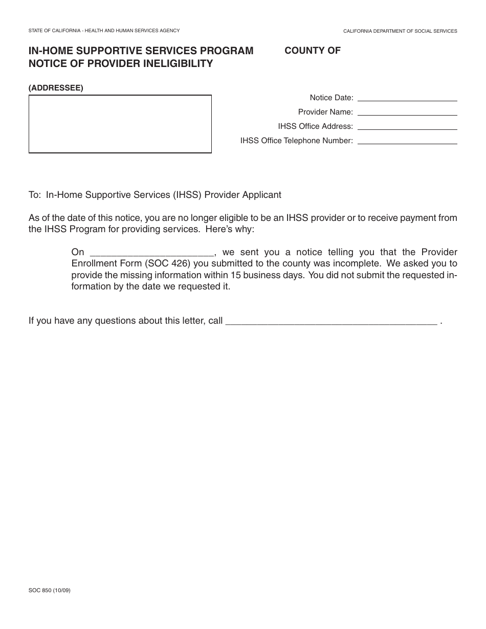 Form SOC850 In-home Supportive Services Program Notice of Provider Ineligibility - California, Page 1