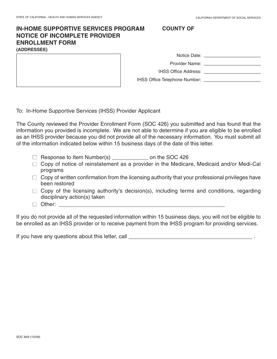 Form SOC849 In-home Supportive Services Program Notice of Incomplete Provider Enrollment Form - California, Page 1