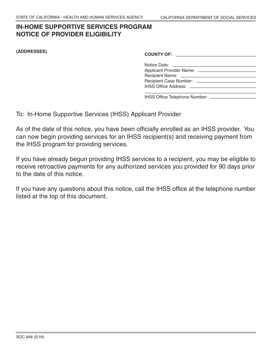 Form SOC848 In-home Supportive Services Program Notice of Provider Eligibility - California, Page 1