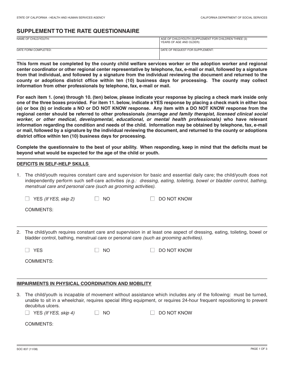 Form SOC837 Supplement to the Rate Questionnaire - California, Page 1
