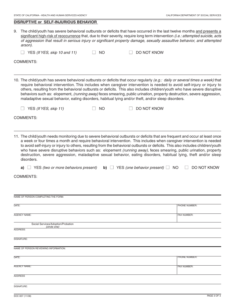 Form SOC837 Supplement to the Rate Questionnaire - California, Page 3