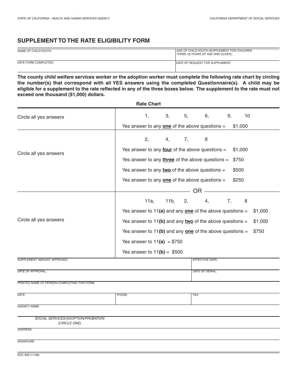 Form SOC836 Supplement to the Rate Eligibility Form - California, Page 1