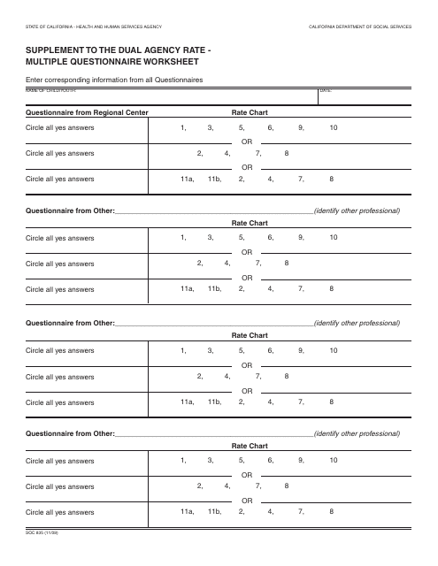 Form SOC835 Supplement to the Dual Agency Rate - Multiple Questionnaire Worksheet - California