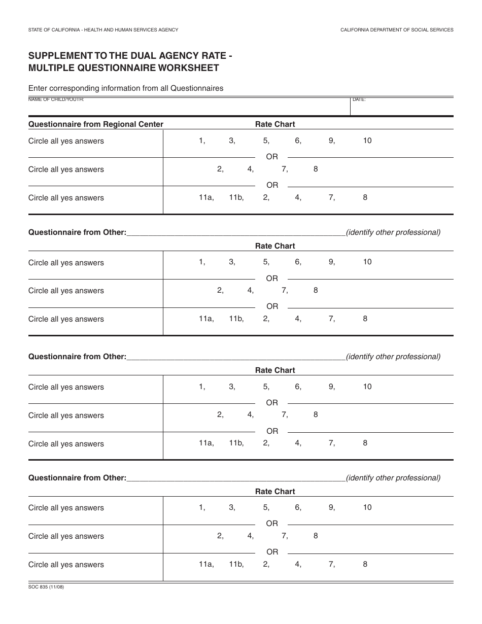 Form SOC835 Supplement to the Dual Agency Rate - Multiple Questionnaire Worksheet - California, Page 1