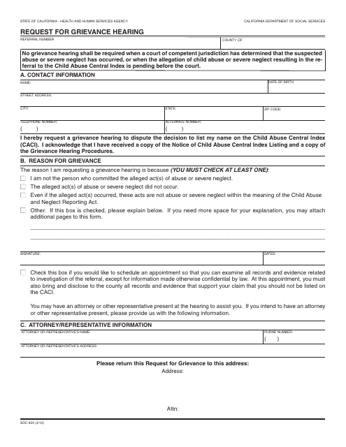 Form SOC834  Printable Pdf