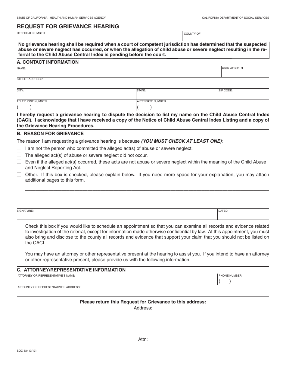 Form SOC834 Request for Grievance Hearing - California, Page 1