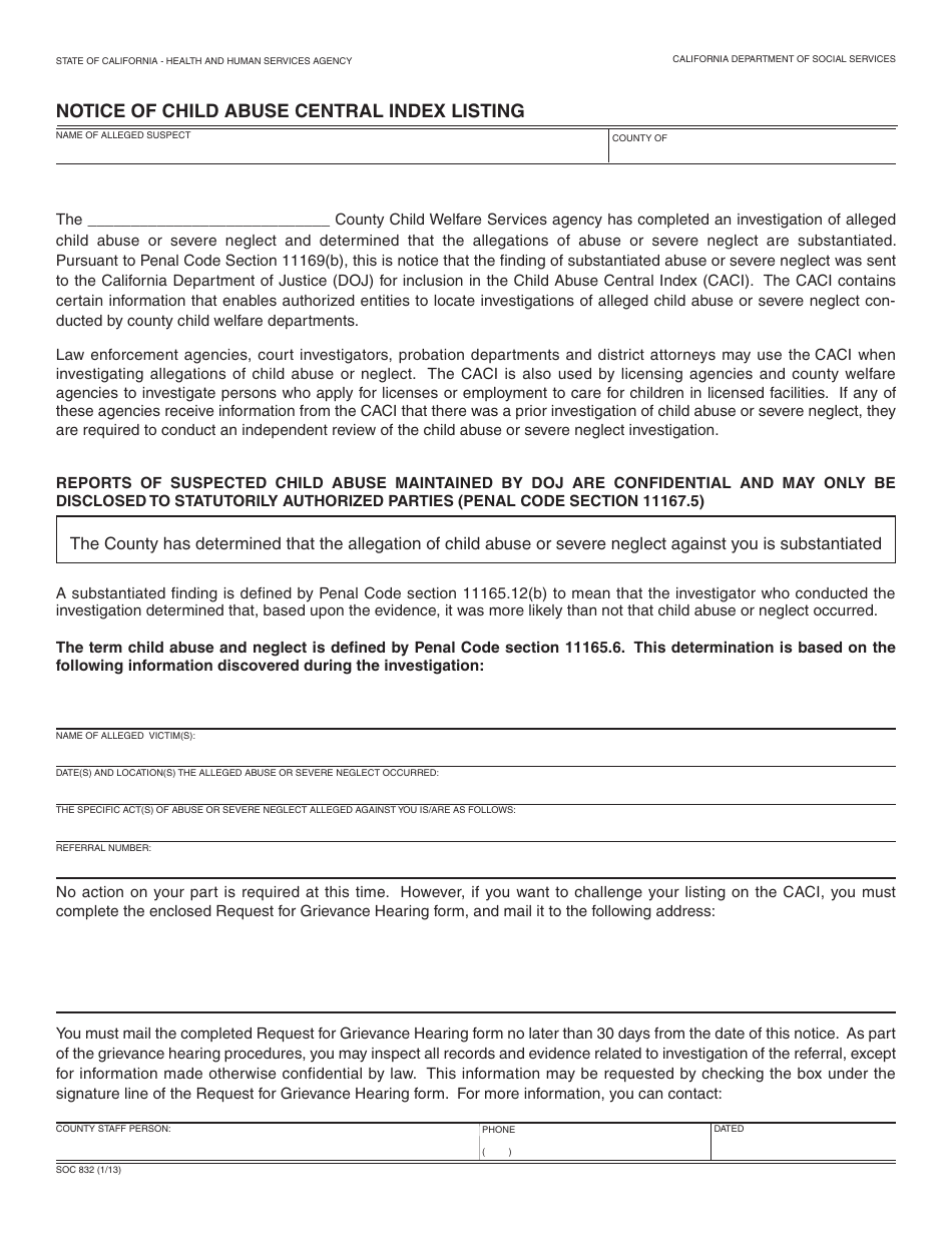 Form SOC832 Notice of Child Abuse Central Index Listing - California, Page 1