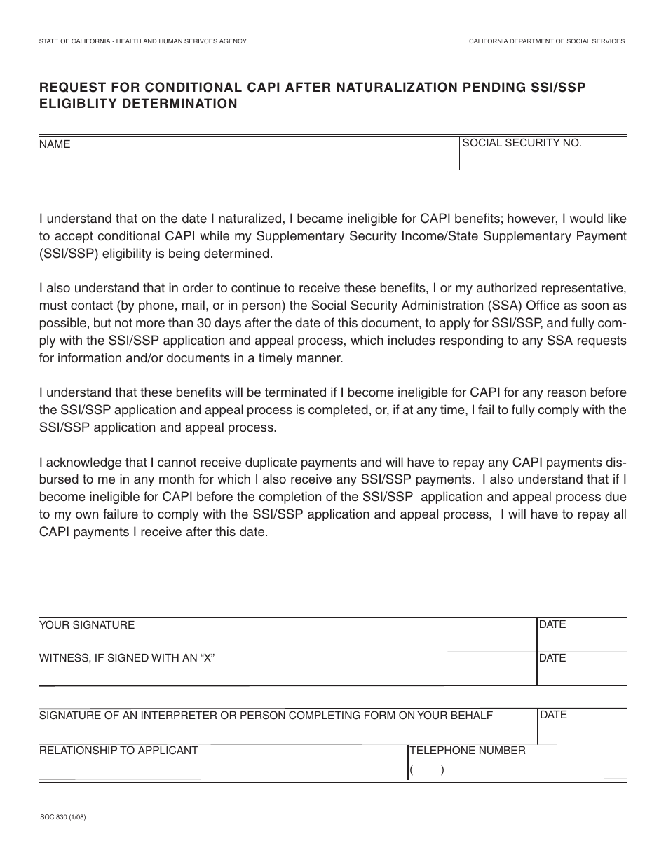 Form SOC830 Request for Conditional Capi After Naturalization Pending Ssi / SSP Eligibility Determination - California, Page 1