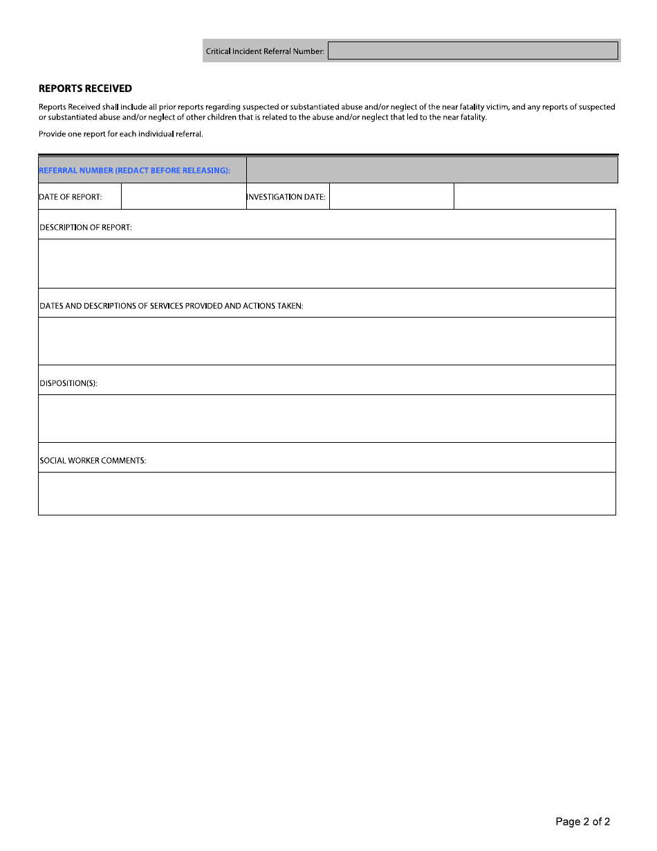 Form SOC826A Child Near Fatality - County Report of Services Provided and Actions Taken - California, Page 2