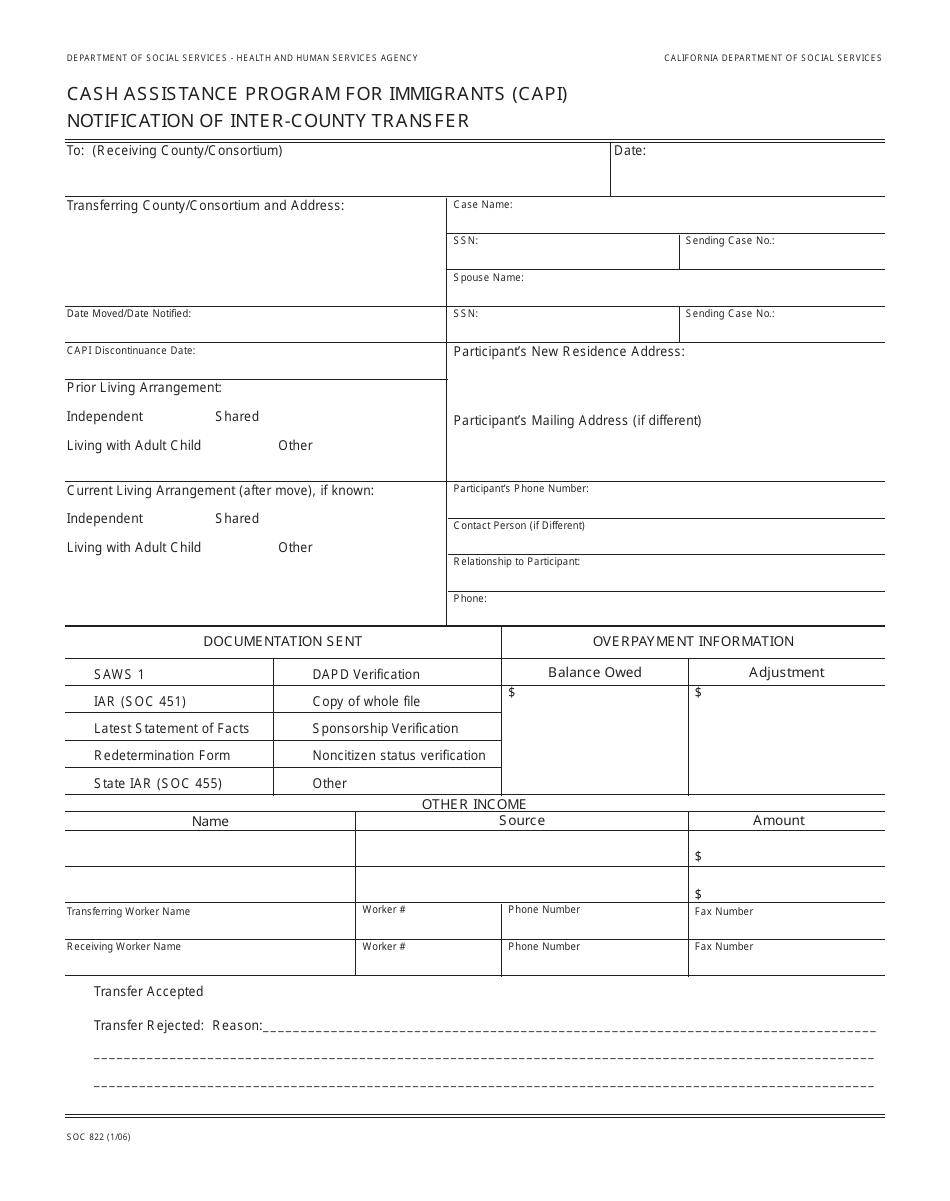 Form SOC822 Cash Assistance Program for Immigrants (Capi) Notification of Inter-County Transfer - California, Page 1