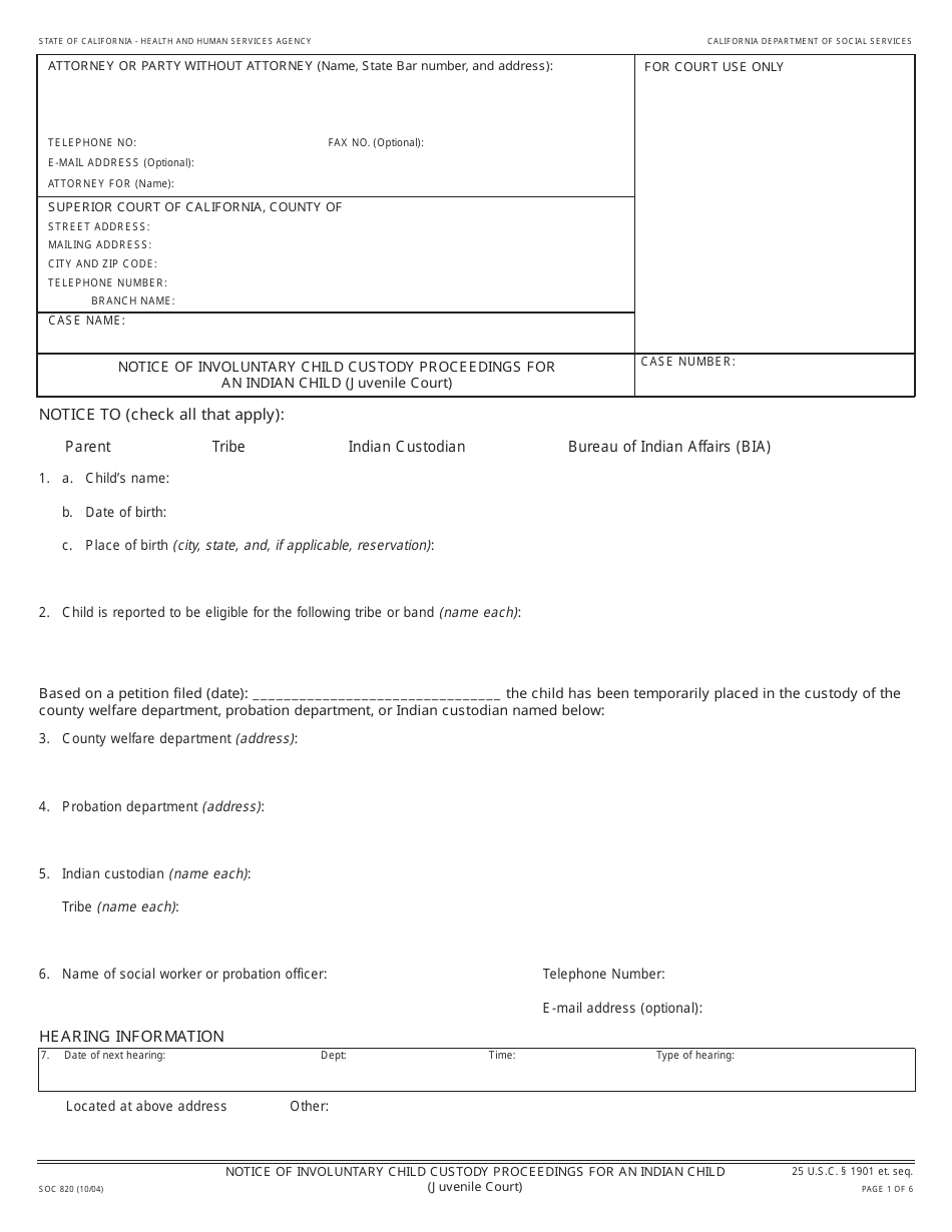 Form SOC820 Notice of Involuntary Child Custody Proceedings for an Indian Child (Juvenile Court) - California, Page 1
