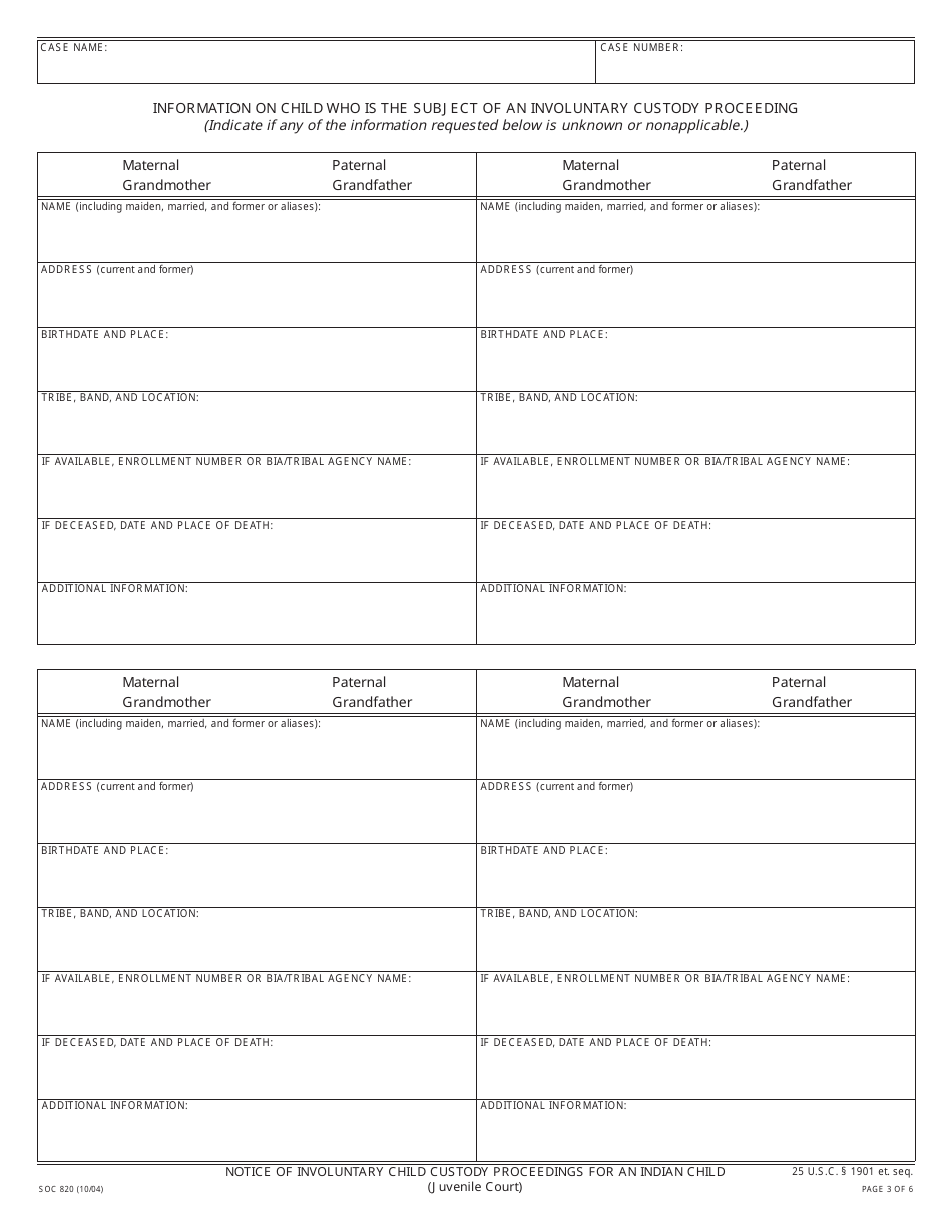 Form SOC820 Notice of Involuntary Child Custody Proceedings for an Indian Child (Juvenile Court) - California, Page 3