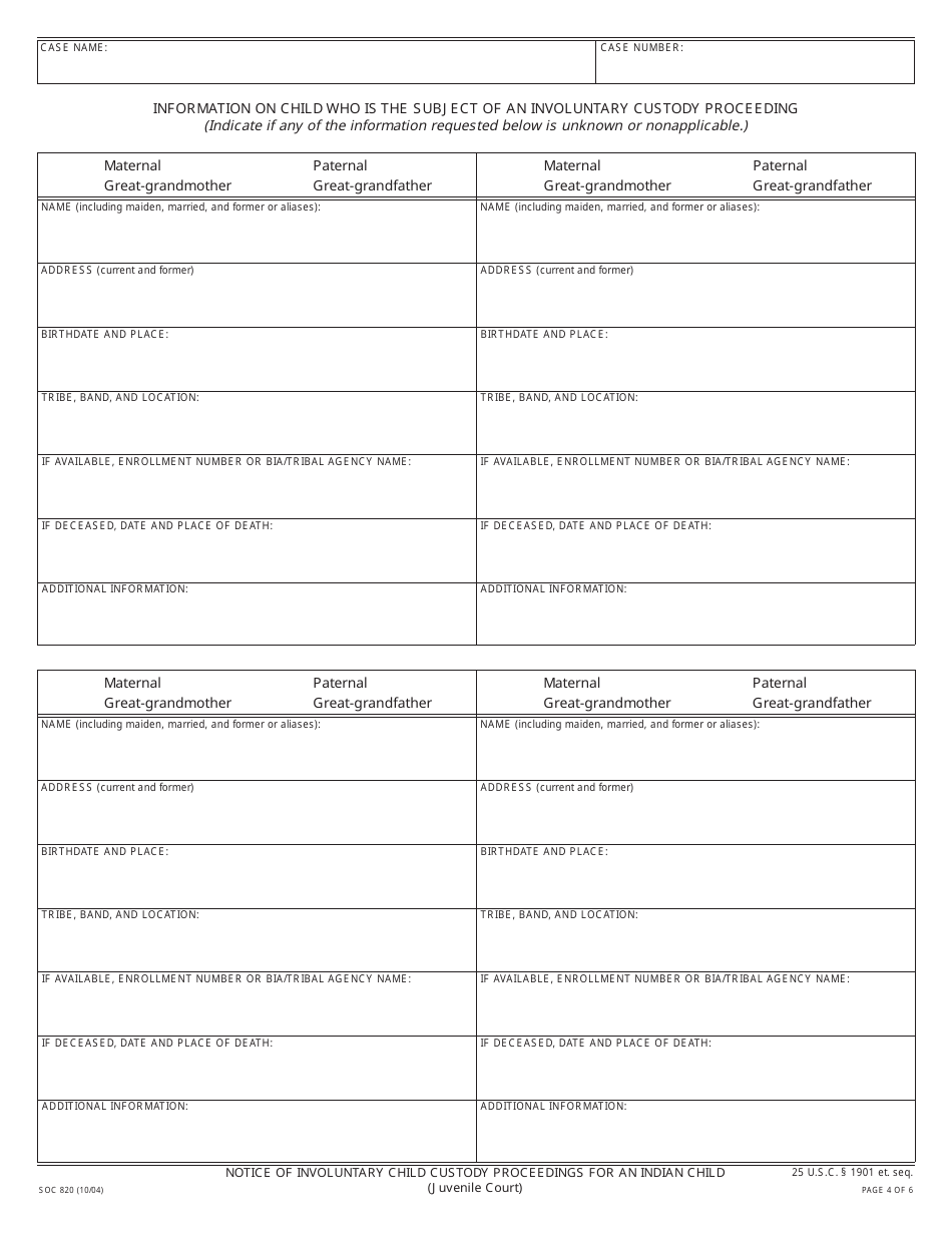 Form SOC820 Notice of Involuntary Child Custody Proceedings for an Indian Child (Juvenile Court) - California, Page 4