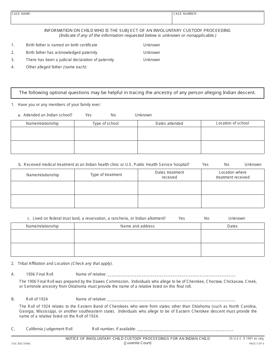 Form SOC820 Notice of Involuntary Child Custody Proceedings for an Indian Child (Juvenile Court) - California, Page 5