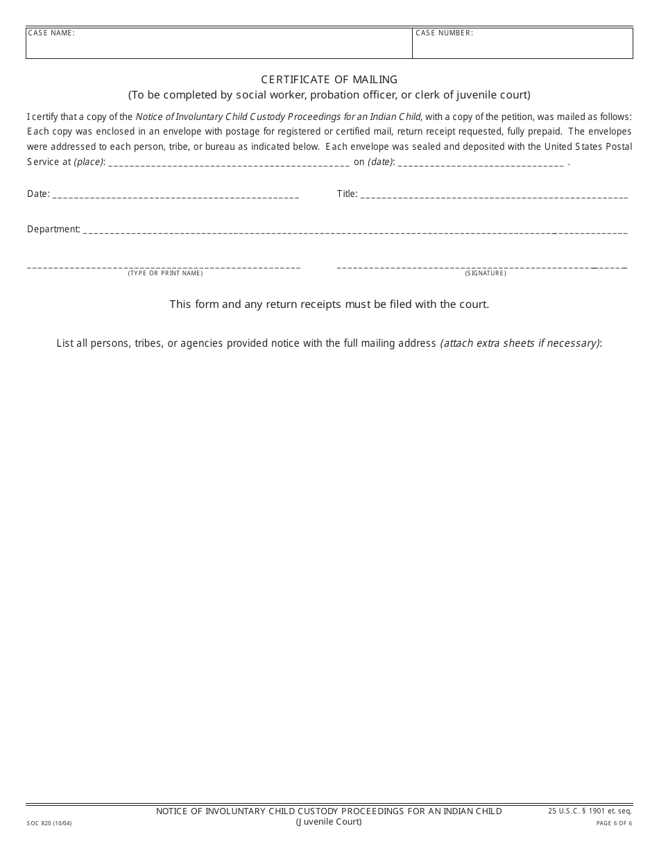 Form SOC820 Notice of Involuntary Child Custody Proceedings for an Indian Child (Juvenile Court) - California, Page 6