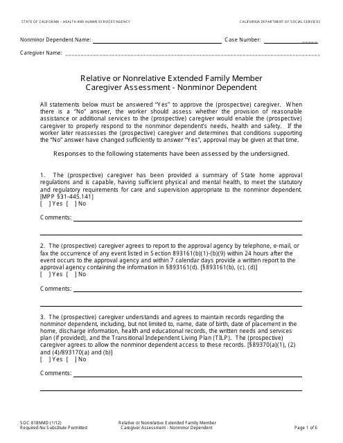 Form SOC818NMD Relative or Nonrelative Extended Family Member Caregiver Assessment - Nonminor Dependent - California