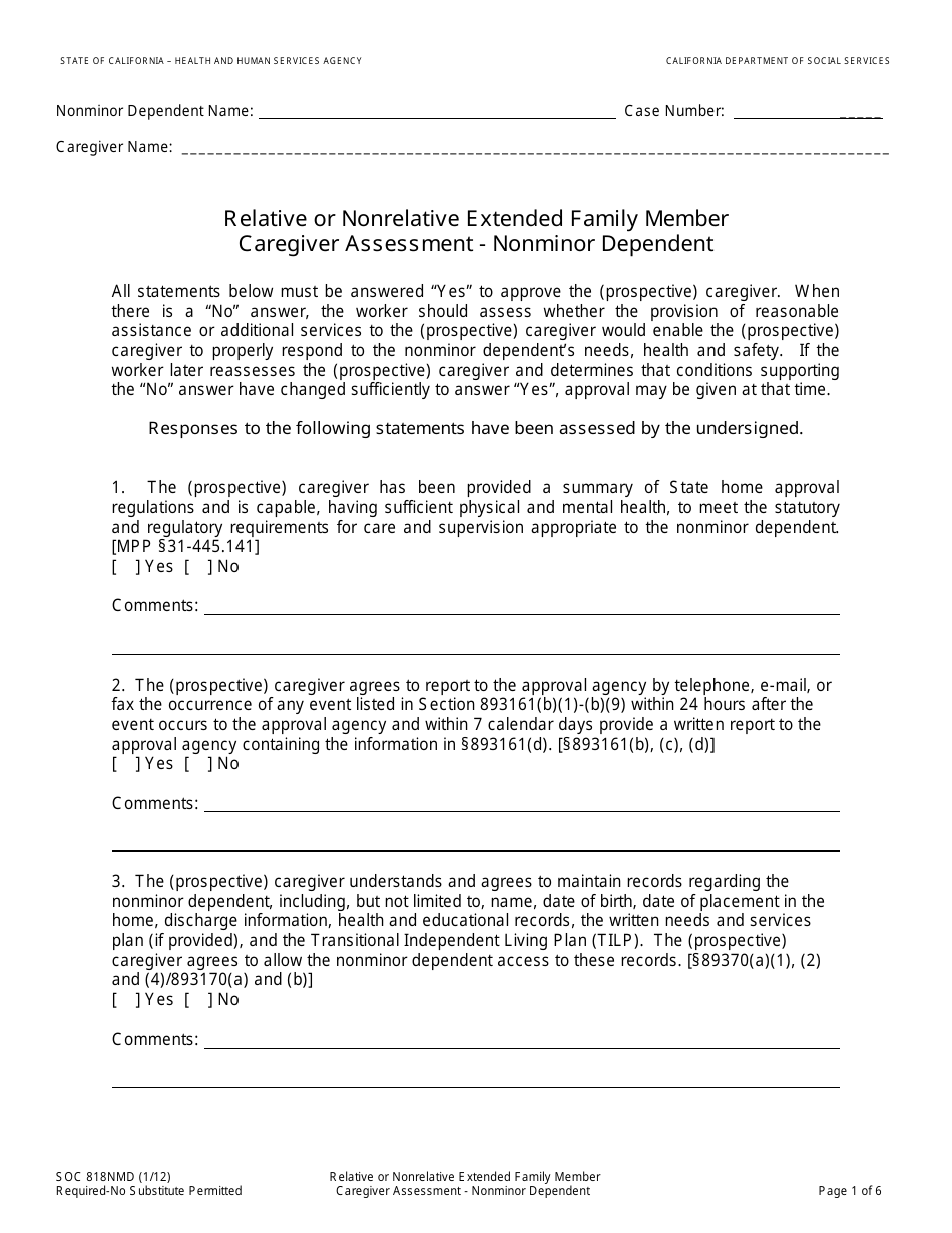 Form SOC818NMD Relative or Nonrelative Extended Family Member Caregiver Assessment - Nonminor Dependent - California, Page 1