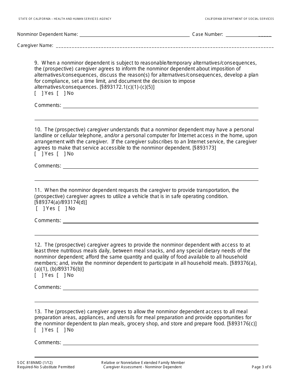 Form SOC818NMD Relative or Nonrelative Extended Family Member Caregiver Assessment - Nonminor Dependent - California, Page 3