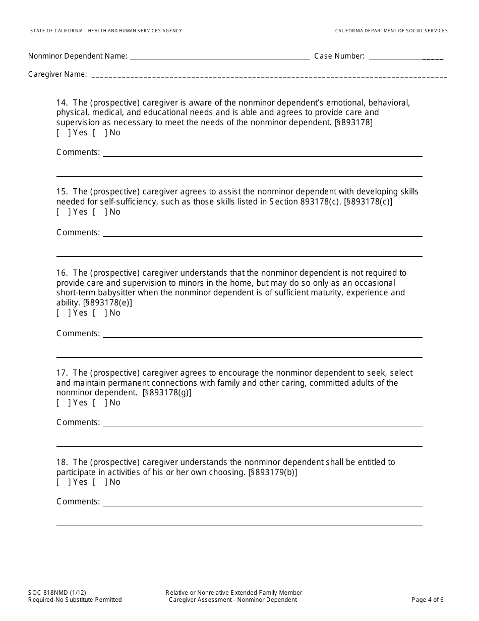 Form SOC818NMD Relative or Nonrelative Extended Family Member Caregiver Assessment - Nonminor Dependent - California, Page 4