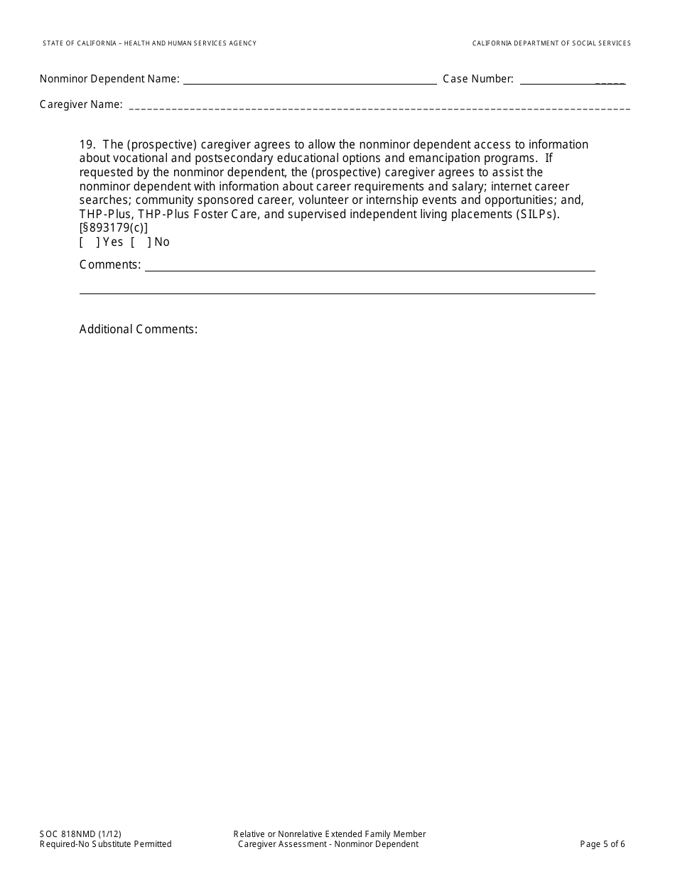 Form SOC818NMD Relative or Nonrelative Extended Family Member Caregiver Assessment - Nonminor Dependent - California, Page 5