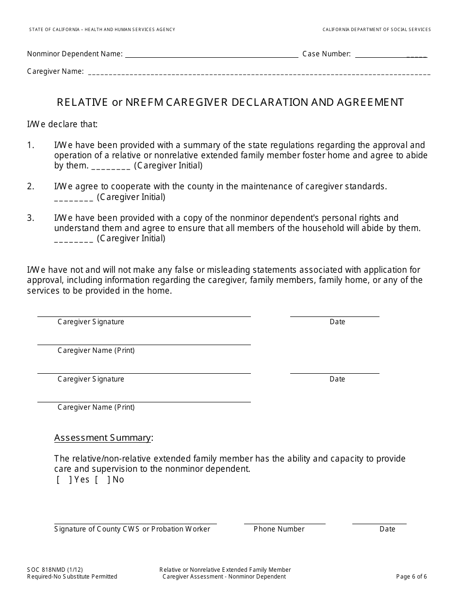 Form SOC818NMD Relative or Nonrelative Extended Family Member Caregiver Assessment - Nonminor Dependent - California, Page 6