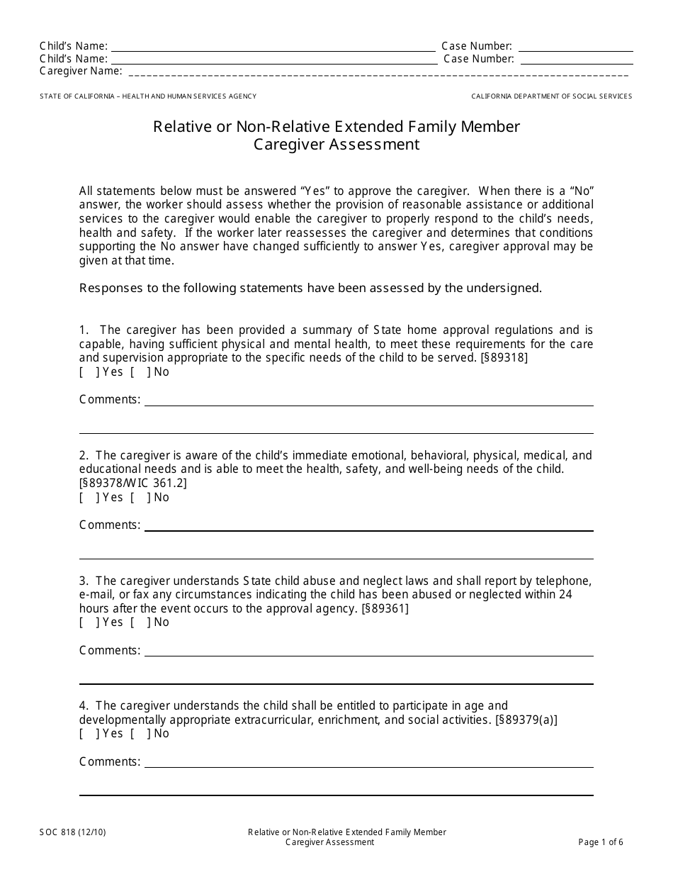 Form SOC818 Relative or Non-relative Extended Family Member Caregiver Assessment - California, Page 1