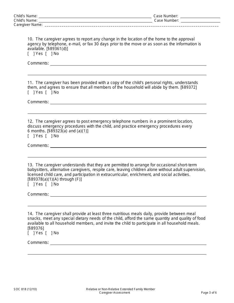 Form SOC818 Relative or Non-relative Extended Family Member Caregiver Assessment - California, Page 3