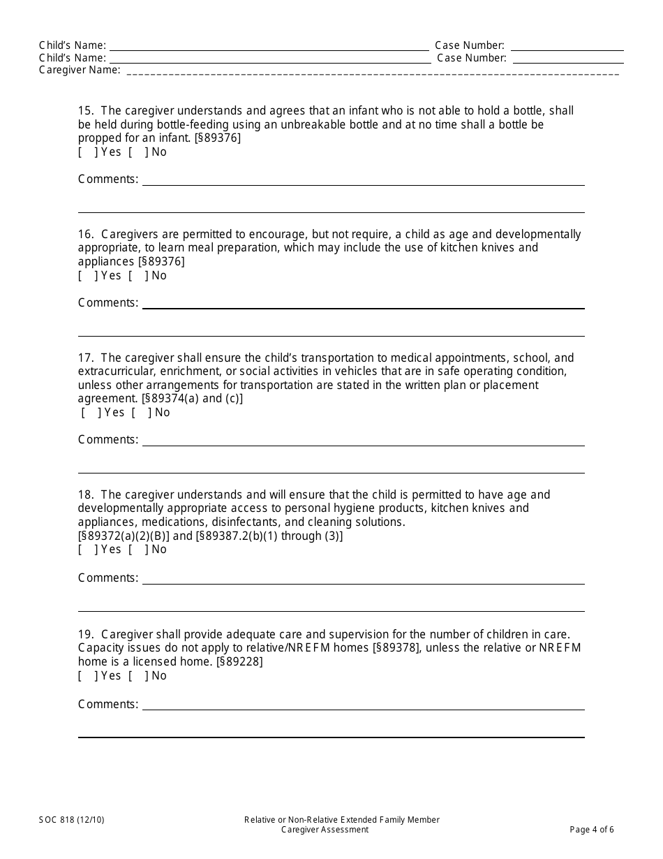 Form SOC818 Relative or Non-relative Extended Family Member Caregiver Assessment - California, Page 4