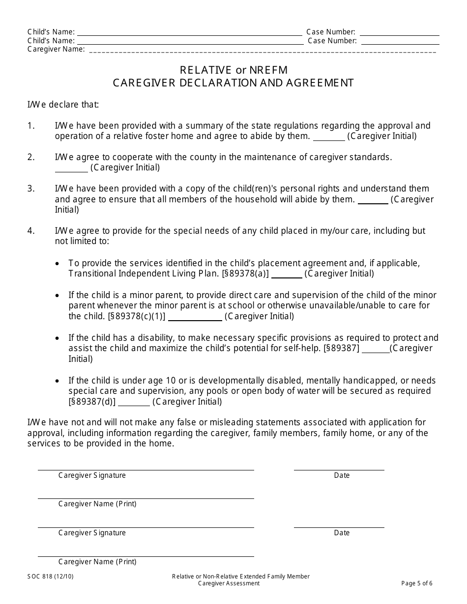 Form SOC818 Relative or Non-relative Extended Family Member Caregiver Assessment - California, Page 5