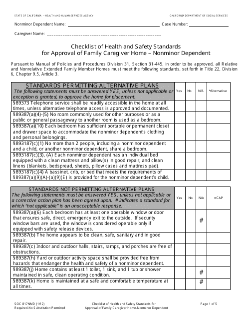 Form SOC817NMD Checklist of Health and Safety Standards for Approval of Family Caregiver Home " Nonminor Dependent - California