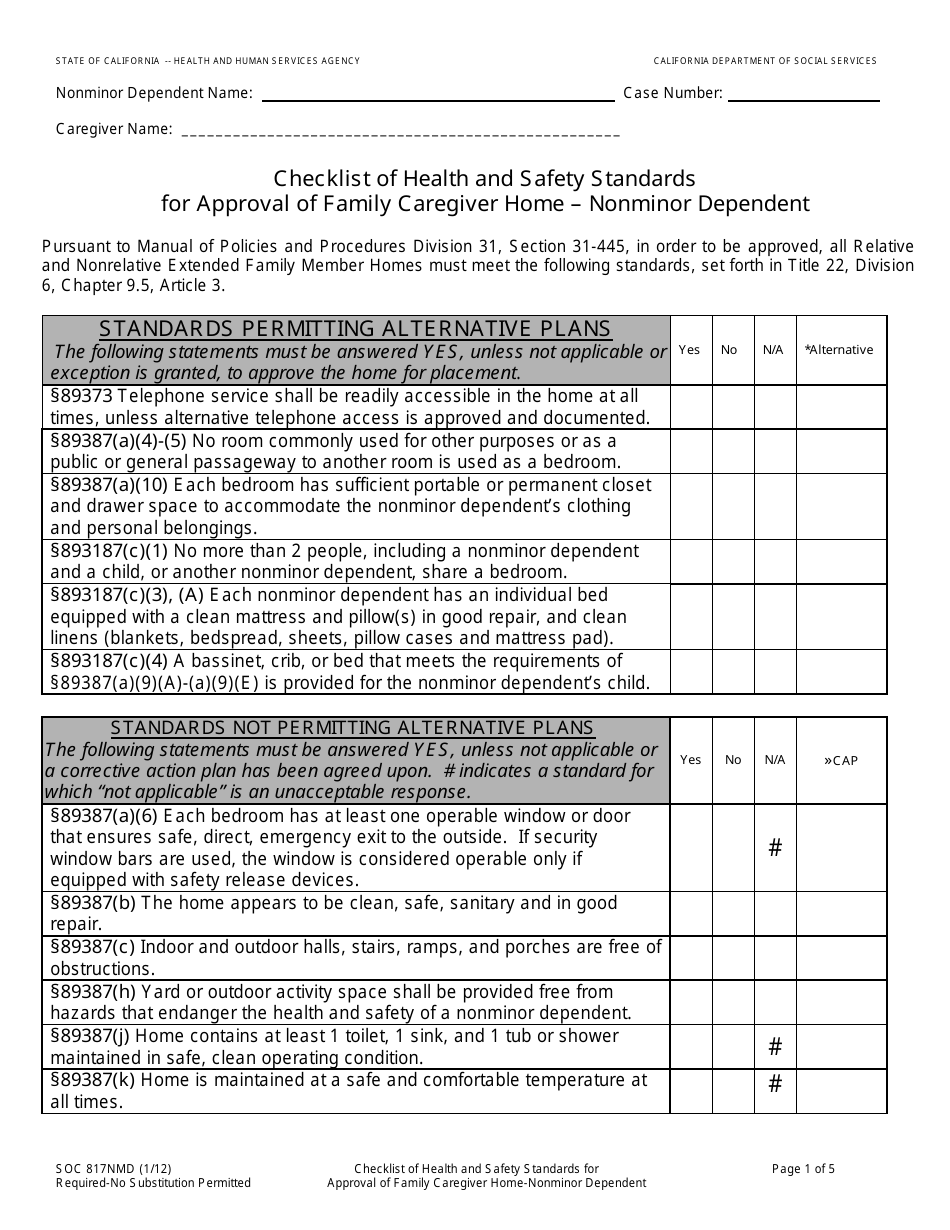 Form SOC817NMD Checklist of Health and Safety Standards for Approval of Family Caregiver Home  Nonminor Dependent - California, Page 1