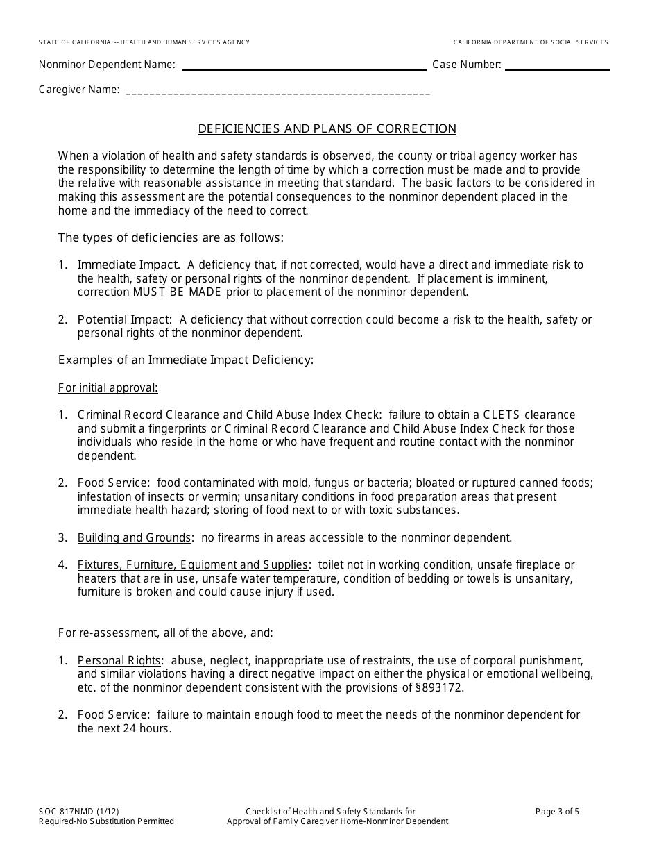 Form SOC817NMD Checklist of Health and Safety Standards for Approval of Family Caregiver Home  Nonminor Dependent - California, Page 3