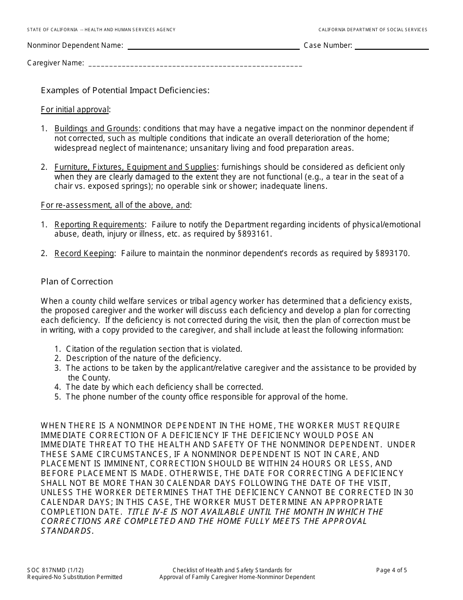 Form SOC817NMD Checklist of Health and Safety Standards for Approval of Family Caregiver Home  Nonminor Dependent - California, Page 4