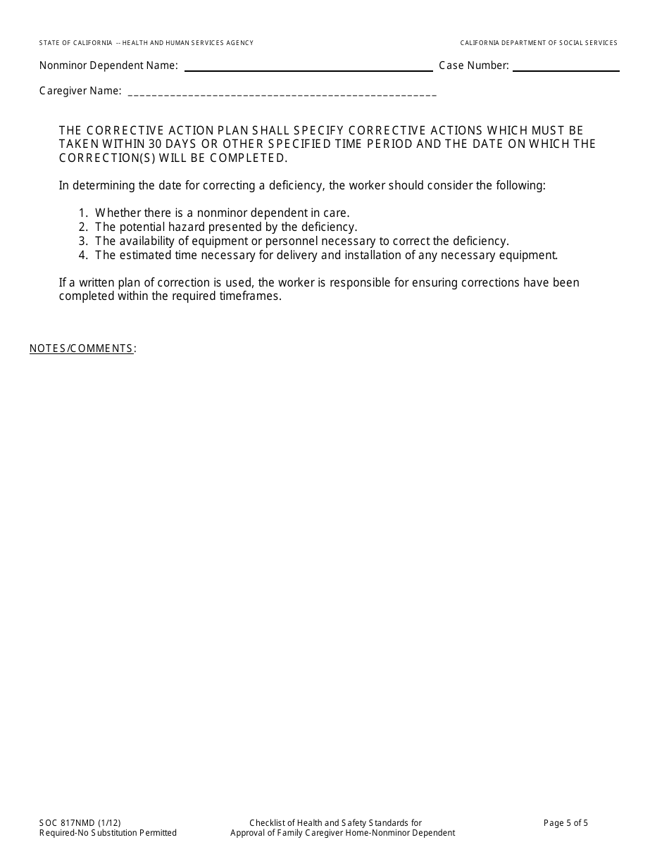 Form SOC817NMD Checklist of Health and Safety Standards for Approval of Family Caregiver Home  Nonminor Dependent - California, Page 5